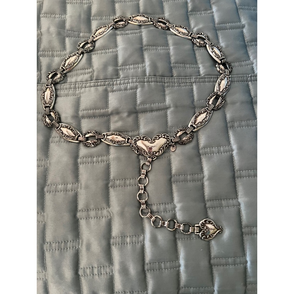 Chain Belt Women's Silver Tone Heart Floral Embossed Ornate Link - Picture 1 of 8